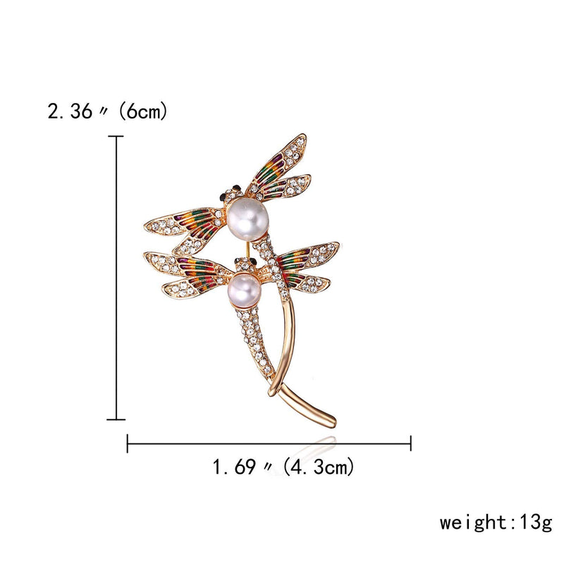 [Australia] - AILUOR Elegant Dragonfly Brooch Pins, Gold Tone Austrian Crystal Colorful Enamel Double Dragonfly Simulated Pearl Rhinestone Brooch Jewelry 