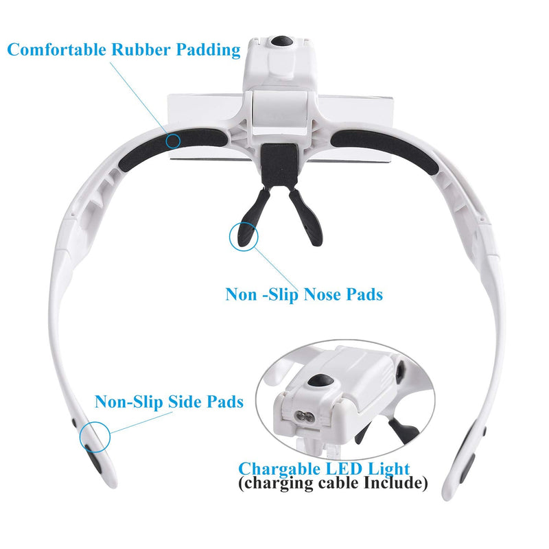 [Australia] - Beileshi Headband Magnifying Glasses with Rechargeable LED Lampstents and Headband Interchangeable Magnifier 5 Magnification of Lenses: 1.0X 1.5X 2.0X 2.5X 3.5X White 