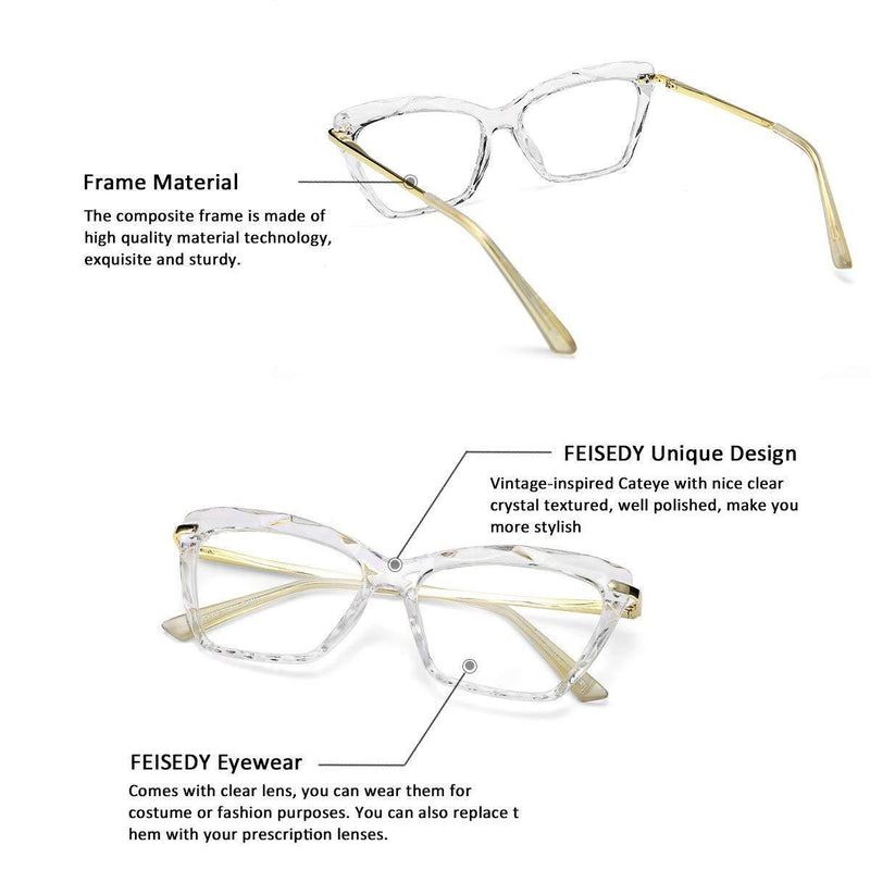 [Australia] - FEISEDY Classic Cat Eye Glasses Crystal Frame Clear Lenses Eyeglasses for Women B2440 52 Millimetres 