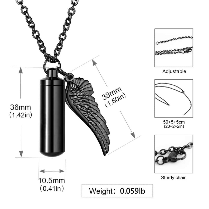 [Australia] - XIUDA Cremation Jewelry Urn Necklace for Ashes with Angel Wing Charm & Cylinder Eternity Stainless Steel m black non-engraving 