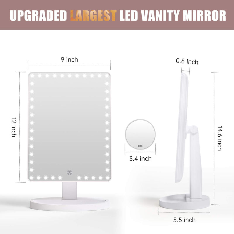 [Australia] - Rechargeable Lighted Makeup Vanity mirror with 45 LED Lights, Funtouch Large Light Up Mirror, 10X Magnification Touch Screen, 360° Rotation Portable Tabletop Desk Cosmetic illuminated Mirror(White) … White 