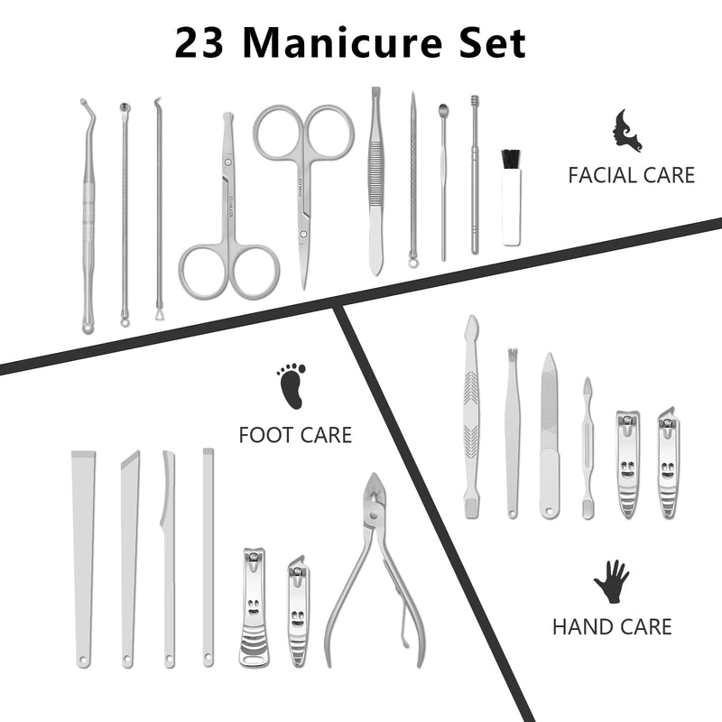 [Australia] - Manicure Set Professional Nail Clippers Kit Pedicure Care Tools 23pcs Stainless Steel Grooming Tools With Black PU Leather Case for Travel or Home (Black/Silver) 