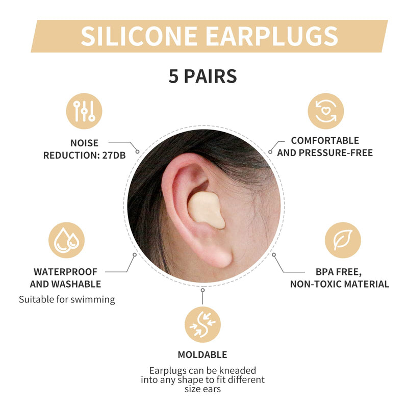 [Australia] - Silicone Moldable Earplugs Waterproof, 27dB SNR, 5 Pairs, Ear Plugs for Sleeping, Showering, Working and Study by Lysian (Skin) Skin 