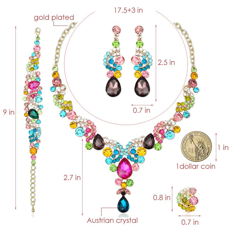 [Australia] - CSY Elegant Crystal Necklace Earrings Bracelet Ring Bridal Wedding Party Costume Jewelry Sets for Brides Women 4 Pcs/Set-Gold Plated - Multicolor 
