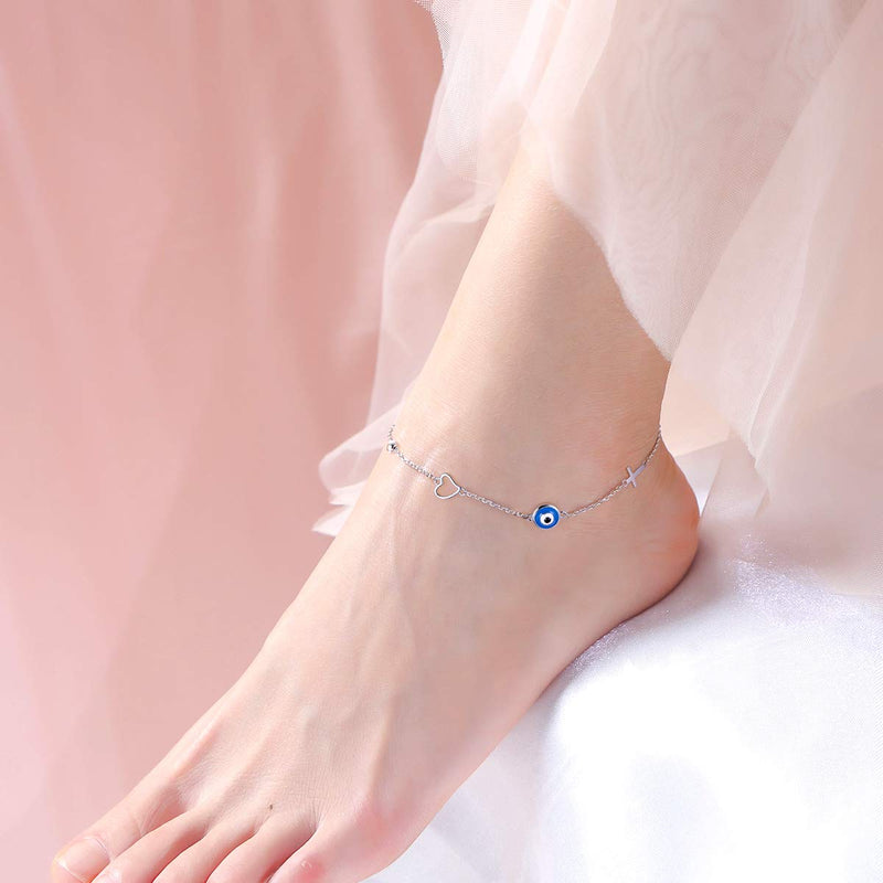 [Australia] - FLYOW Anklet for Women S925 Sterling Silver Adjustable Foot Chain Ankle Bracelet Anklets Jewelry 06_Cross Eye Heart 
