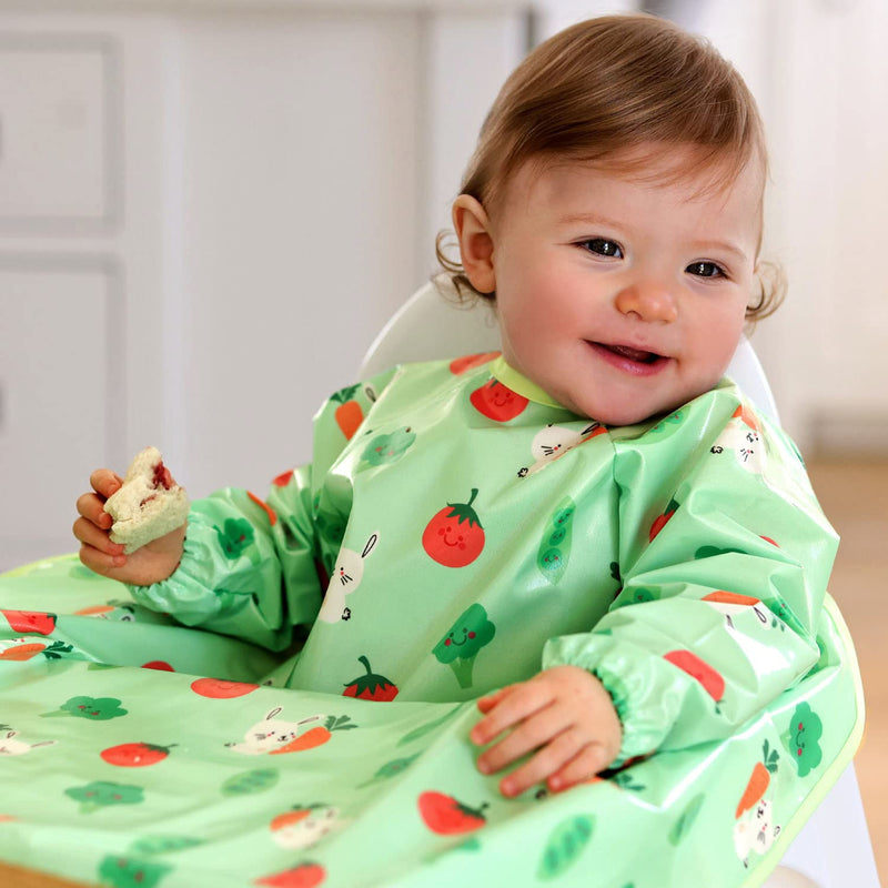 [Australia] - Bibetta Wipeezee XL Coverall Weaning Bib - Baby Bib with Sleeves - Wipe Clean Coverall Bib for Baby and Highchair Baby Led Weaning Unisex for Babies and Toddlers 6 Months +… Green - Bunny & Veg 