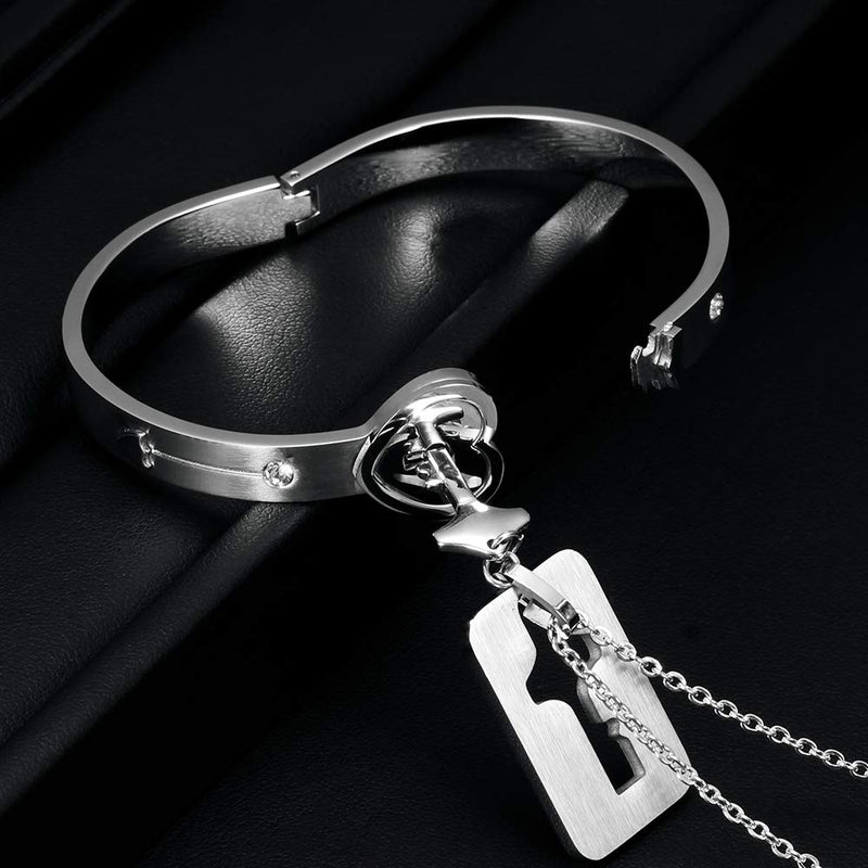 [Australia] - His Hers Love Heart Key Lock Bangle Bracelet Tag Pendat Necklace Set in a Gift Box large size 