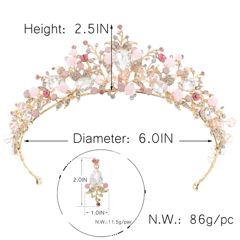 [Australia] - Yean Gold Wedding Crown Bridal Tiaras with Earrings Pink Purple Headband for Women and Girls (Pink) 