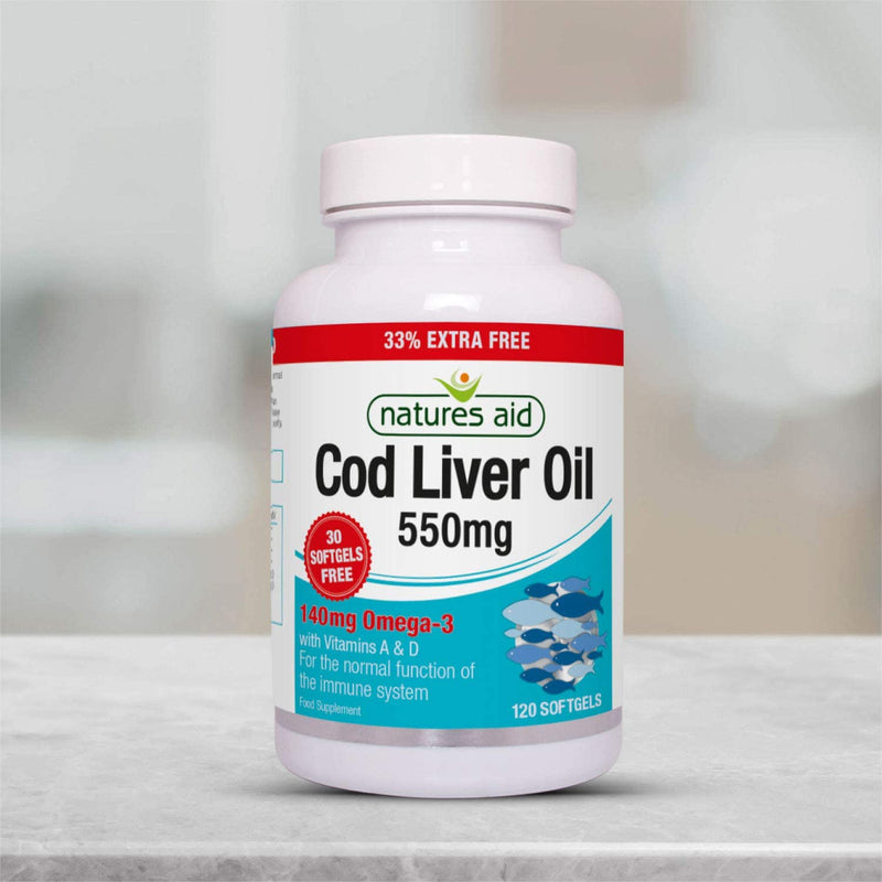 [Australia] - Natures Aid Cod Liver Oil 550 mg 120 Softgel Capsules (Providing 120 mg Omega-3, with Vitamins A and D, For The Normal Function of the Immune System, Purity Guaranteed, Made in the UK) 