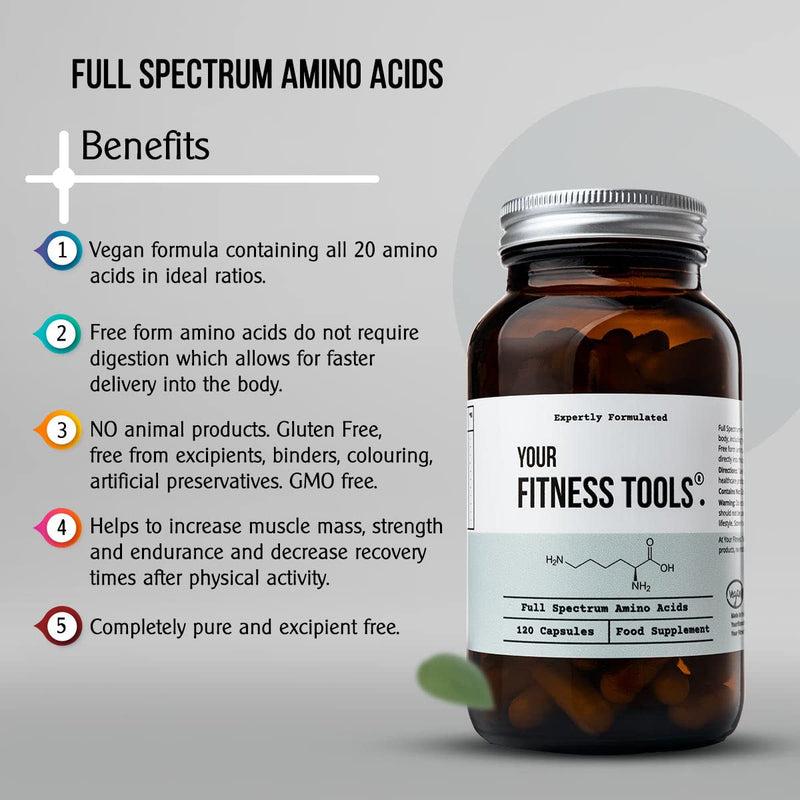 [Australia] - Full Spectrum Amino Acids – 120 x Free Form Amino Acids Vegan Capsule to Support Muscle Repair, Muscle Building - Made in The UK by Your Fitness Tools 