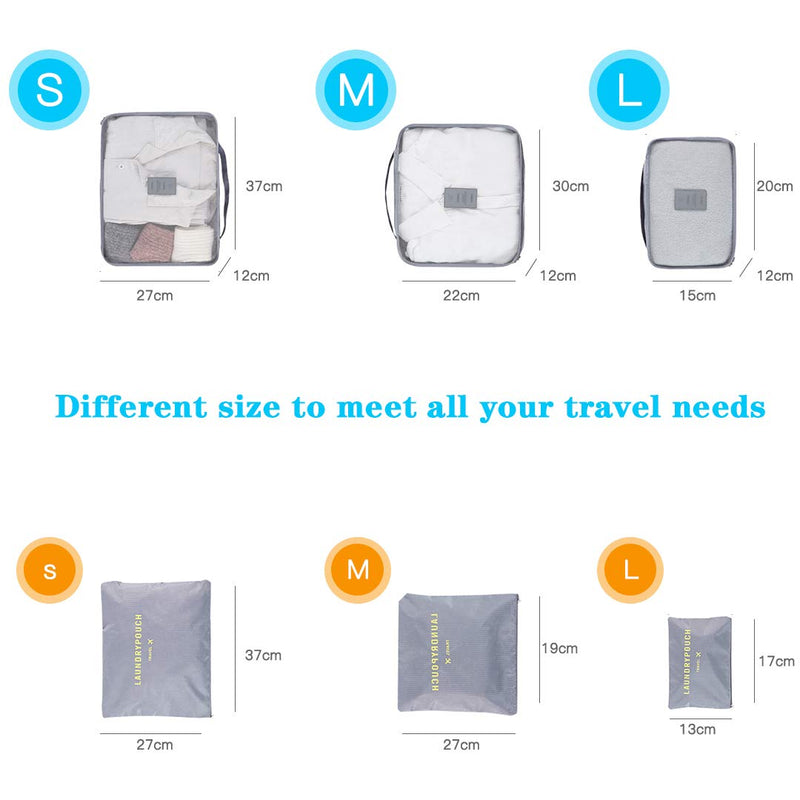 [Australia] - Kono 6PCS Packing Cubes Set Travel Luggage Zip Organisers Clothes Underwear Socks Storage Bag Pouch (Grey) Grey 