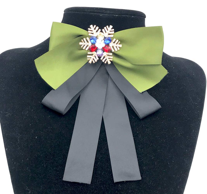 [Australia] - Christmas Bow Tie for Women Neck Tie of the Rhinestone Pre-Tied Ribbon Bow Collar Brooch Pin Green 