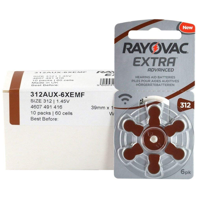 [Australia] - Rayovac Extra Advanced Hearing Aid Batteries, Size 312, Brown Tab, PR41, Pack of 60 6x10 Pack 312 AU - Brown Single 