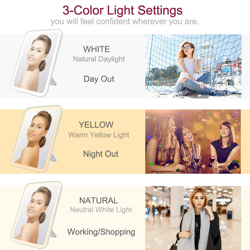 [Australia] - MOITA Makeup Mirror with Lights, Tricolor Lighted Mirror (White, Yellow, Natural Light), 180° Rotation Touch Screen Vanity Mirror, Detachable 10x Magnification Mirror, Dimmable LED Light Up Mirror 