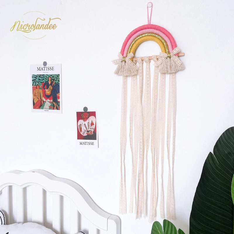 [Australia] - NICROLANDEE Rainbow Tassels Hair Bows Holder Hanging - Baby Hair Accessories Storage Headband Holder Hair Clips Organizer Wall Hanger Decor for Baby Girls Room Ornament (Pink Yellow) Pink Yellow 