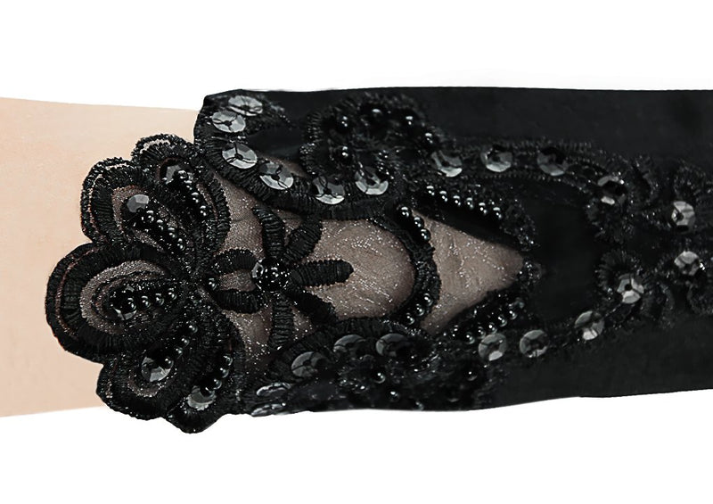 [Australia] - Flower Girls Gloves Pageant Satin Bowknot Wrist Long Lace Wedding Dress Gloves 5-12Yrs Fingerless Bead-black 