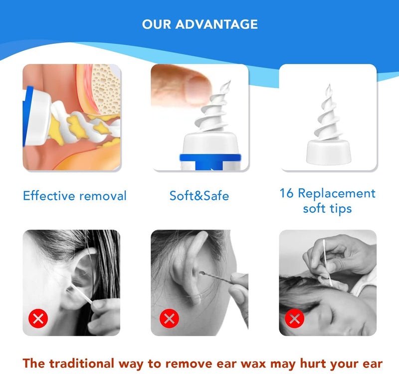 [Australia] - POWE Ear Wax Remover, Q Grips Earwax Remover Toddler Ear Wax Removal Tool Spiral Ear Cleaner with 16 Pcs Soft Replacement Heads Suitable for Women & Men 