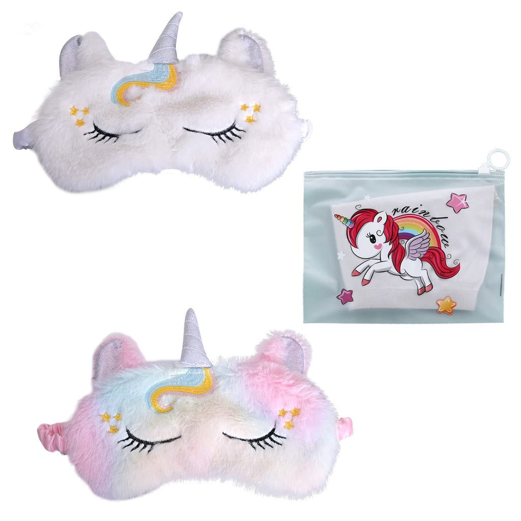 [Australia] - 2-Pack Cartoon Animal Pattern Eye Masks with 1 Scrub Zipper Bag, Sleeping Eye Masks for Kids, Cute 3D Plush Eye Masks, Travel Breathable Eye Masks for Kids, Adults, Women 