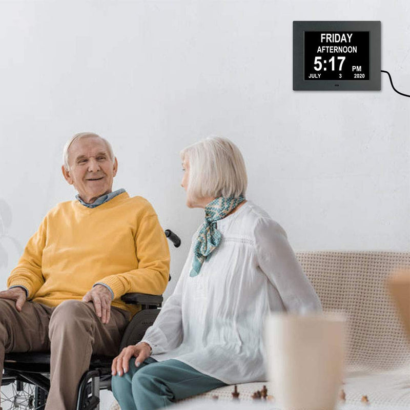 [Australia] - 7 Inch-Digital Date Day Time Clock- 8 Alarms ,Auto-Dim, Non-Abbreviated Day Month Calendar Dementia Clocks for Seniors Alzheimer Memory Loss Vision Impaired (Black) 