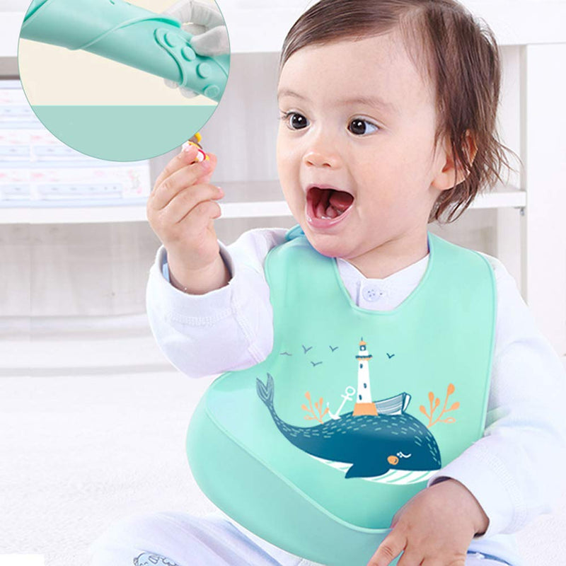 [Australia] - 3 Pcs Baby Silicone Bibs Waterproof Feeding Bibs with Food Catcher Easy Wipe Clean Soft Bibs for Toddlers Newborns Eating Green 