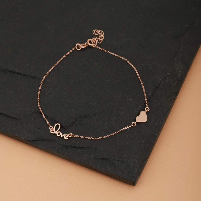 [Australia] - Vanbelle Rose Gold Plated 925 Sterling Silver Love and Heart Charm Anklet for Women and Girls 
