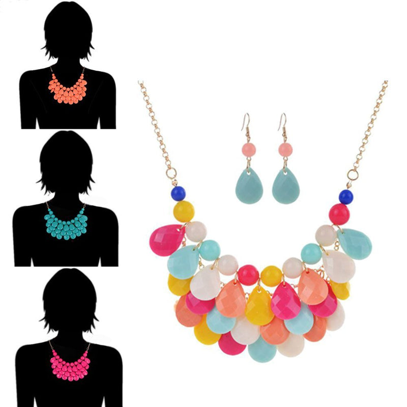 [Australia] - Floating Bubble Necklace Layered Teardrop Statement Necklace Resin Beaded Collar Necklace Earrings Jewelry Set for Women Colorful 