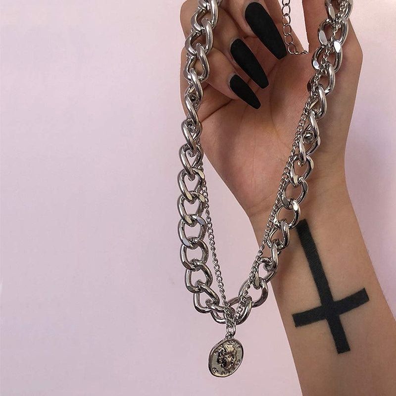 [Australia] - 4 Piece Lock Chain Necklace Set Multilayer Silver Cross Lock Key Pendants Necklaces Set for Egirl Eboy Statement Punk Chain Choker Silver (Style 1) 