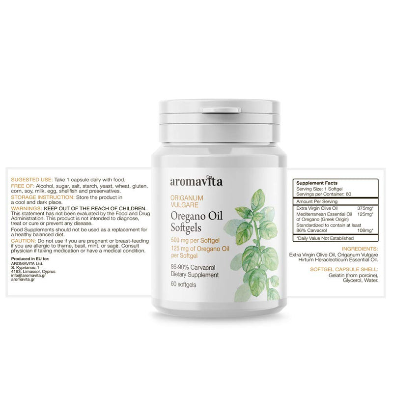 [Australia] - Aromavita Oregano Oil Capsules – Non GMO and Gluten Free, Greek Oregano Oil Containing 108mg Per Serving – Over 86-90% Carvacrol – Oregano Oil Food Supplement – 60 Softgels, Regular 