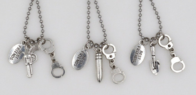 [Australia] - It's All About...You! 3 Necklace Set: 21.6” 2.4mm Stainless Steel Ball Chain Partners in Crime Handcuffs Gun Bullet Shovel 33E 