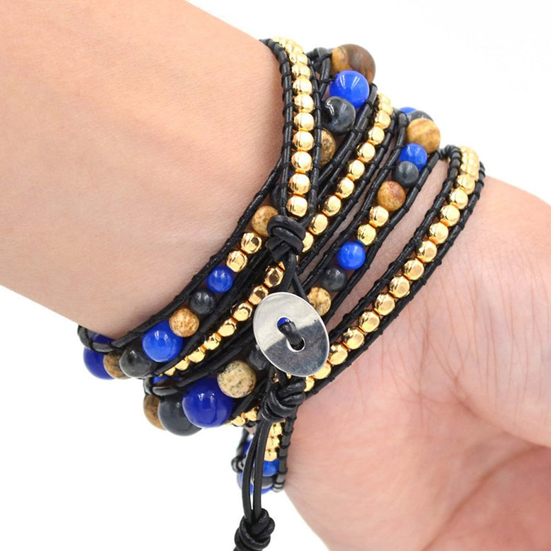 [Australia] - HQLA 3/5 Wrapped Braide Leather Around Bead wrap Bracelets Bangle Cuff with Faceted Mixed Multicolor Natural gem Beads for Women Girls Men 5-wrap copper & mixed stone beads 