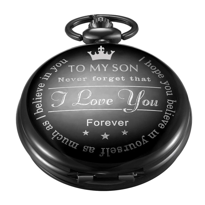 [Australia] - LYMFHCH Engraved Personalized Pocket Watch for Son Gifts Vintage Quartz Pocket Watches with Chain Christmas Graduation Gifts Black 