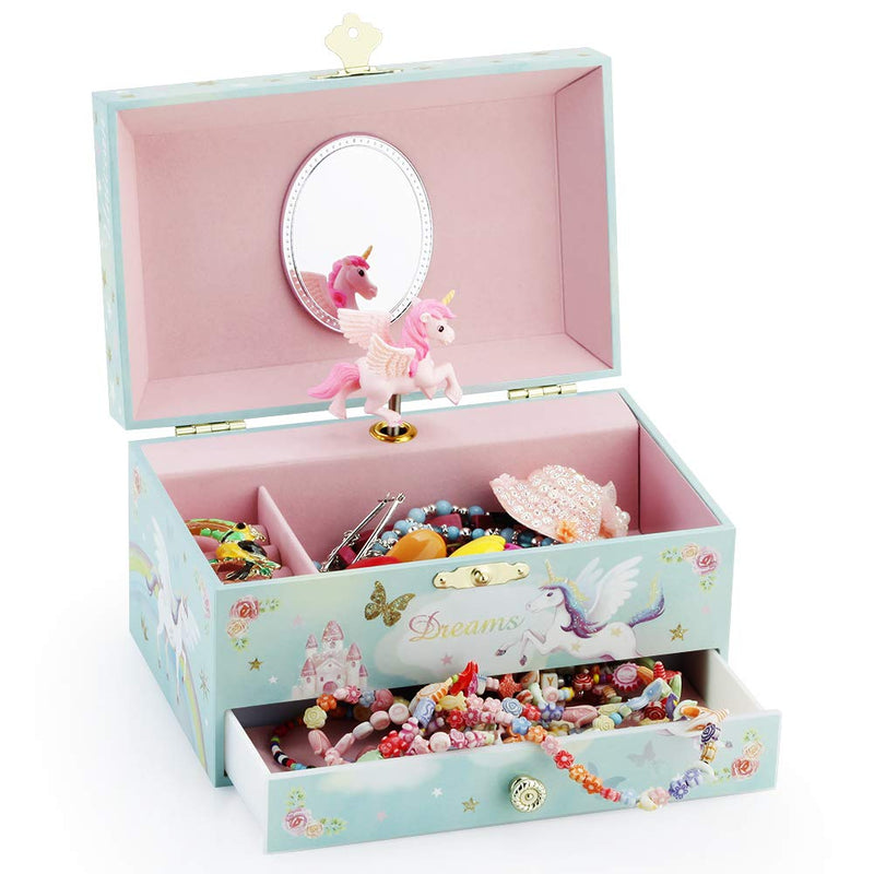 [Australia] - Kids Musical Jewelry Box with Big Drawer and zirconia stones Jewelry Set with Spinning Unicorn and Glitter Rainbow Butterfly Design - Blue Danube Tune 