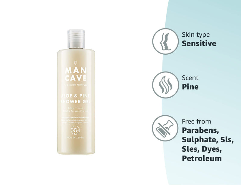 [Australia] - ManCave Aloe + Pine Shower Gel 500ml for Men, Suitable for Sensitive Skin, Natural Formulation, Vegan Friendly, Bottle made from Recycled Plastics 