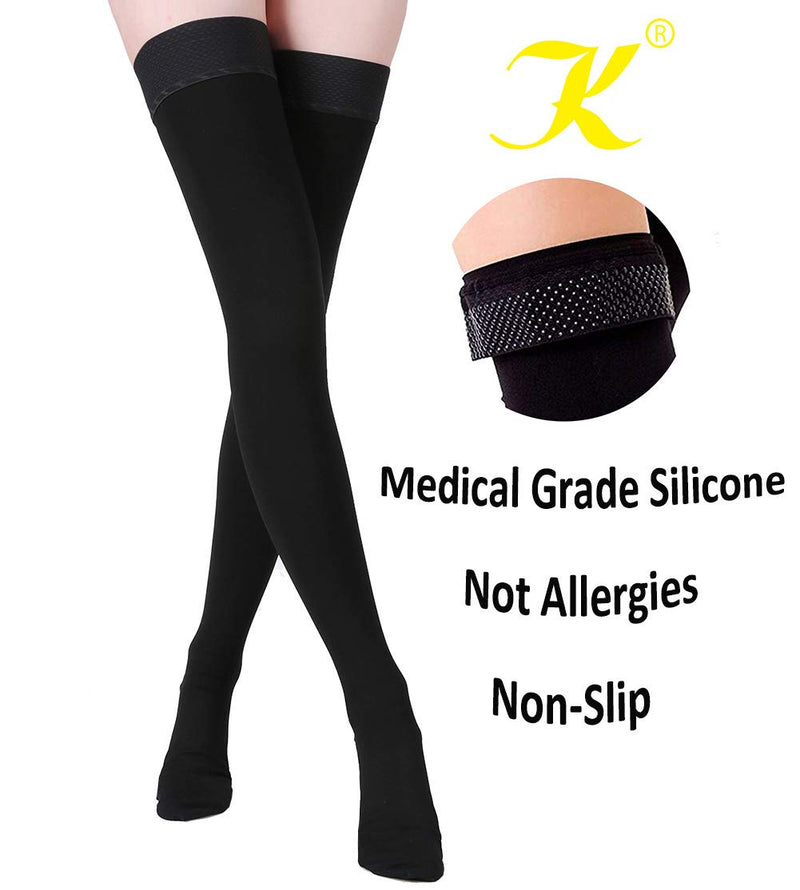 [Australia] - Thigh High Compression Stockings Closed Toe for Men & Women, Opaque, KEKING 20-30mmHg Graduated Compression Leg Support Hose with Silicone Band - Swelling, Varicose Veins, Edema, DVT, Black X-Large X-Large (1 Pair) 20-30mmhg Black Closed Toe 