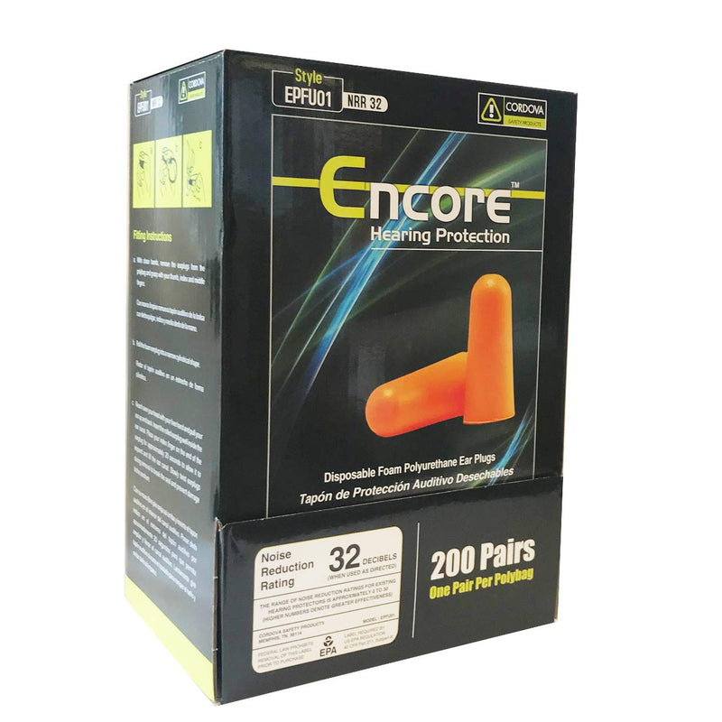 [Australia] - Cordova Safety Products Encore Disposable Noise-Cancelling NRR 32 Foam Ear Plugs, Orange (200 Pairs) 
