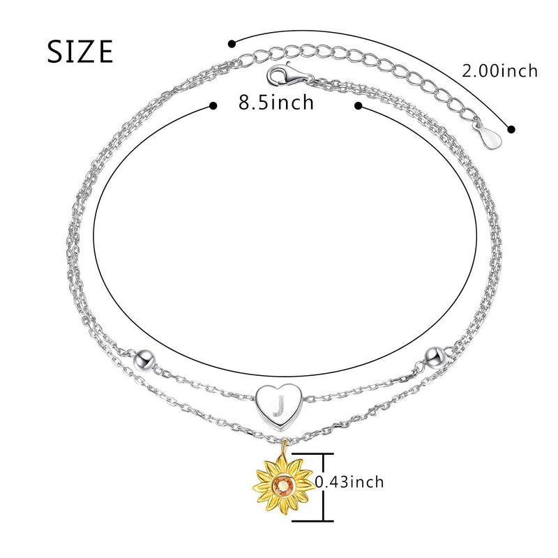 [Australia] - Sterling Silver Layered Chain Alphabet Letter Initial with Sunflower Beads Foot Bracelet Anklet for Women J 