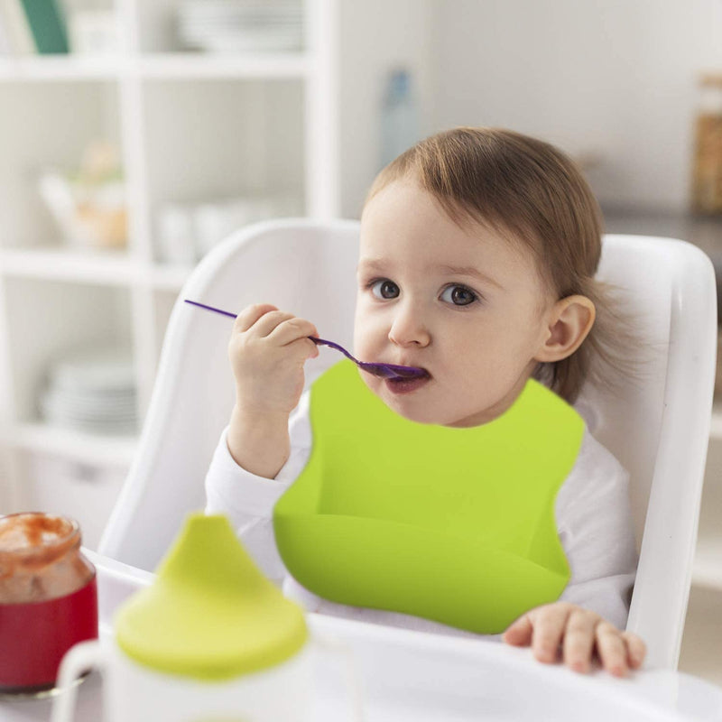 [Australia] - GODR7OY Bibs Baby Bibs, Soft and Foldable Weaning Bibs, Light Adjustable Bib with Wide Food Crumb Catcher Pocket, 3PCS Silicone Bibs for Babies M Grenn, Blue & Pink 