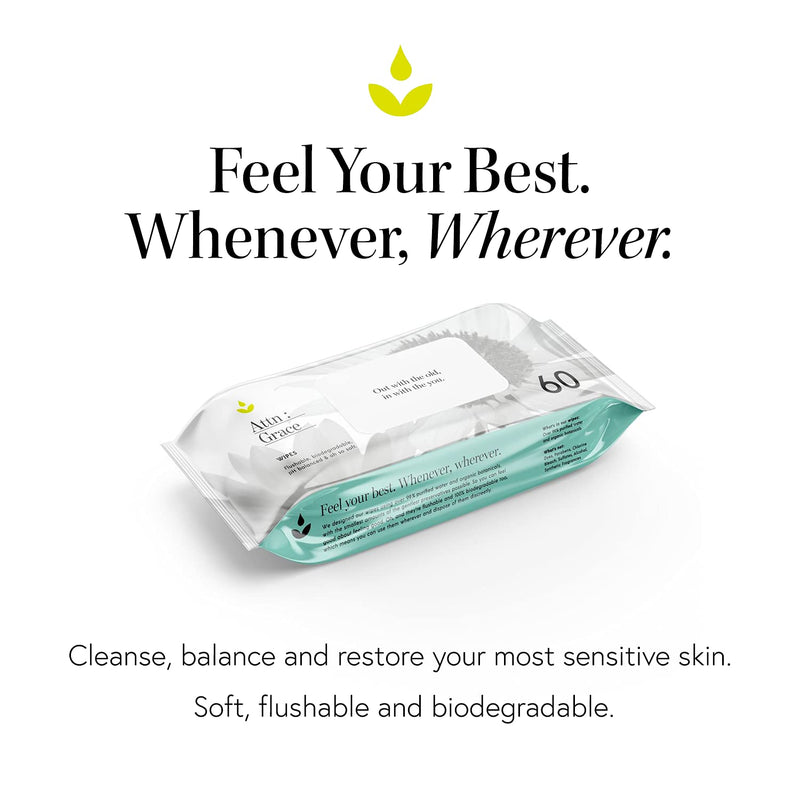 [Australia] - Attn: Grace Soft Flushable Wet Wipes for Women – 60 Hypoallergenic Wipes - Aloe Vera and Coconut Oil Cleanse, Balance and Restore Your Most Sensitive Skin - Free from Harsh Chemicals 