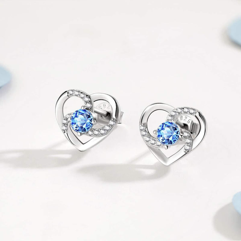 [Australia] - wynn's Silver Jewellery Set for Women, 925 Sterling Silver Heart Stud Earrings, Silver Necklace Pendant Set with White/Blue/Purple Cubic Zirconia, Gift for Girlfriend Mother Wife Earrings - Blue 