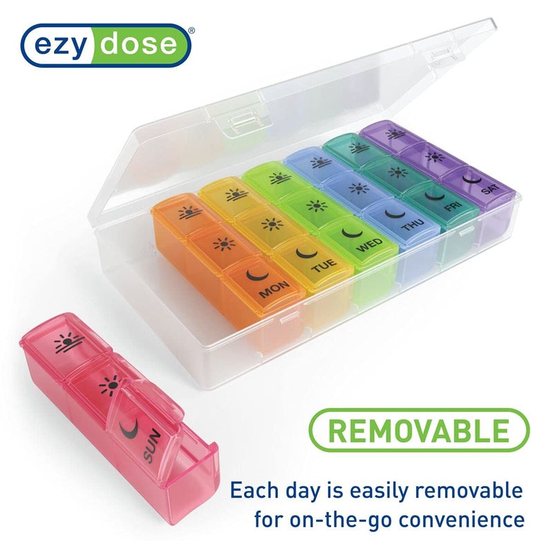 [Australia] - EZY DOSE Travel Weekly (7-Day) Pill Box, Vitamin and Medicine Organiser, Large Compartments, 3 Times a Day, Rainbow Lids Pill Organizer Single 
