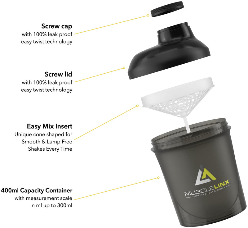[Australia] - Protein shaker screw top 100% LEAK PROOF drinks bottle 400ml by Musclelinx (Black 400ml) 