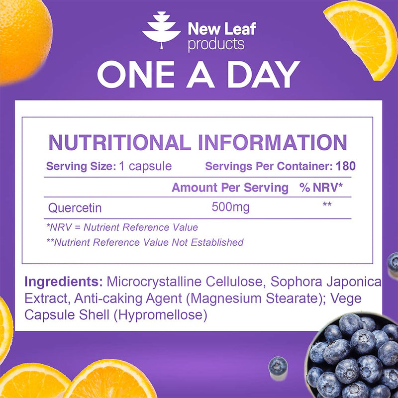 [Australia] - Quercetin 500mg High Strength Antioxidant Supplements (6 Months Supply) 180 Vegan Pure Quercetin Capsules Easy to Swallow - One A Day - Gluten Free & Non-GMO, Made in UK by New Leaf 