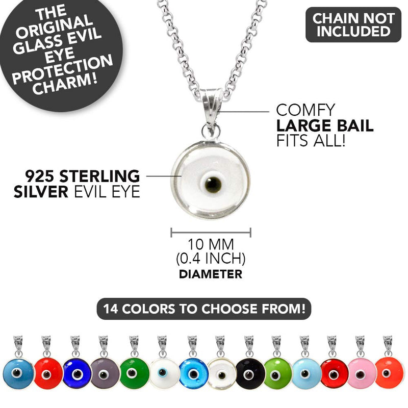 [Australia] - MIZZE Made for Luck Authentic 925 Sterling Silver 10 MM Round Glass Evil Eye Charm Turkish Protection Pendant DIY - 14 Colors to Choose from Clear 