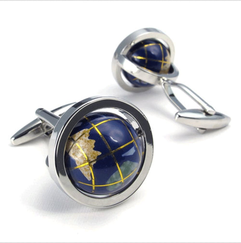 [Australia] - LBFEEL Really Spins Rhodium Plated Blue Globe Earth Cufflinks for Men with a Gift Box 