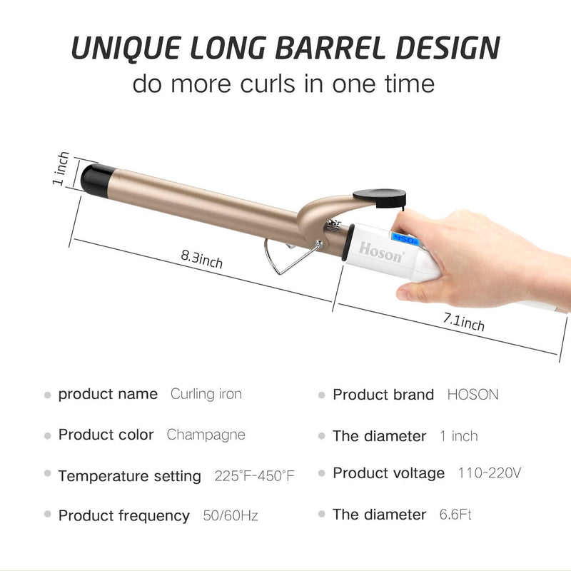 [Australia] - Hoson 1 Inch Curling Iron Professional Ceramic Tourmaline Coating Barrel Hair Curler, LCD Display with 9 Heat Setting(225°F to 450°F for All Hair Types, Glove Include) 