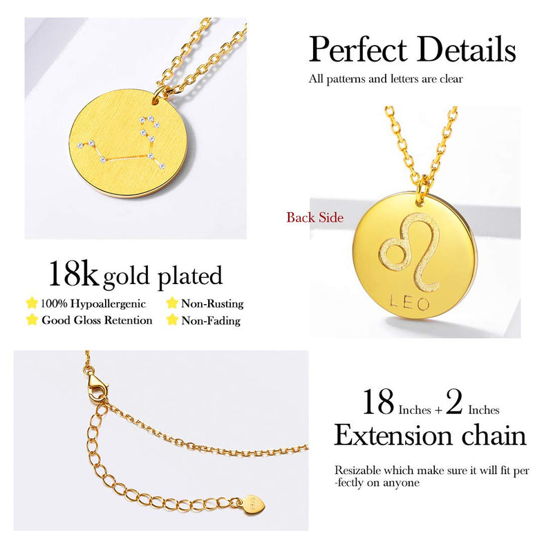 [Australia] - ChicSilver 925 Sterling Silver 12 Constellation Necklace Round Astrology Horoscope Zodiac Sign Pendant Necklace, Silver/Gold (with Gift Box) Leo-Gold 