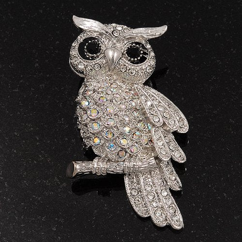 [Australia] - Avalaya Sparkling AB Crystal Owl Brooch (Silver Tone Metal) - 50mm L 