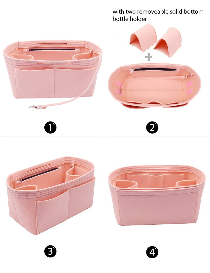 [Australia] - Felt Purse Organizer Insert Zipper Pocket with Two Removeable Bottle Holder Medium Pink 