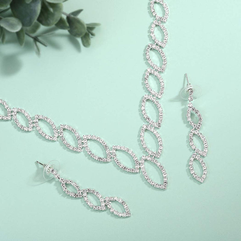 [Australia] - Aukmla Bridal Wedding Necklace Earring Set Silver Rhinestone Necklaces Bride Jewelry Accessories for Women and Girls Necklace-019 (Set of 3) 