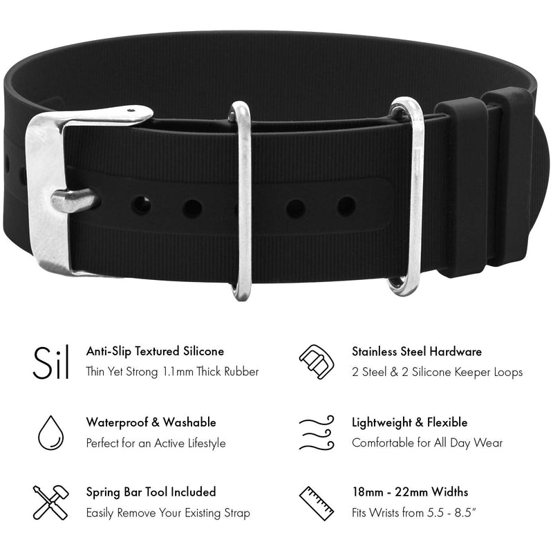 [Australia] - Benchmark Basics Silicone Watch Band - Single Pass Rubber Strap - 18mm, 20mm & 22mm - 4 Colors Black 
